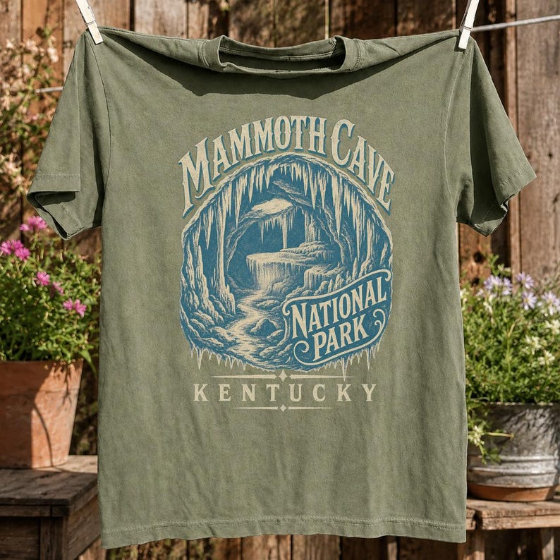May include: An olive green short-sleeve t-shirt featuring a blue and cream graphic print of a cave interior. The text reads MAMMOTH CAVE NATIONAL PARK KENTUCKY. The design depicts stalactites and a rock formation within a circular border.