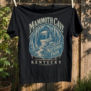 May include: A black short-sleeve t-shirt featuring a blue and cream graphic of a cave interior with stalactites. The text reads MAMMOTH CAVE NATIONAL PARK KENTUCKY in a stylized font. The design is centered on the chest of the garment.