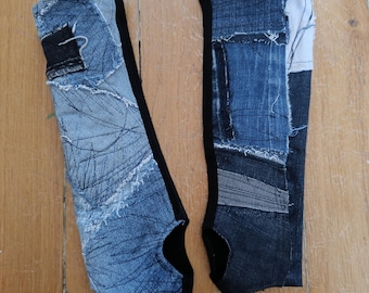 Upcycled Denim Arm Warmers – Patchwork Fingerless Gloves – Handmade Grunge Sleeves – One of a Kind