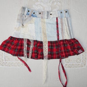 Up-cycled Denim Tartan Mini Skirt – Handmade Punk Patchwork, One-of-a-Kind Statement Piece