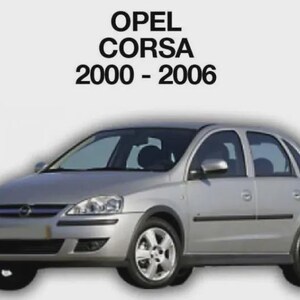 May include: Silver Opel Corsa hatchback car. The image shows the car from the side, with the text "OPEL CORSA 2000 - 2006" above it. The car has black tyres and silver rims.