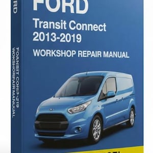 May include: A blue book cover featuring the Ford logo and the text "Transit Connect 2013-2019 Workshop Repair Manual." A light blue van is shown. The text "Lowest Price!" is on a yellow banner.