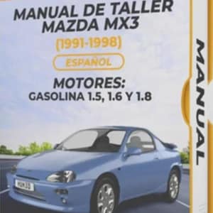 Può includere: Manuale di officina per Mazda MX3 (1991-1998) in spagnolo. La copertina presenta un'auto azzurra e il testo "MANUAL DE TALLER MAZDA MX3" e "MOTORES: GASOLINA 1.5, 1.6 Y 1.8". Il manuale è in una scatola gialla e bianca.