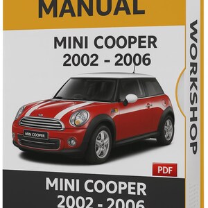 Puede incluir: Un manual de taller para los modelos Mini Cooper de 2002 a 2006. La portada presenta un Mini Cooper rojo con franjas blancas. El título "WORKSHOP MANUAL" está en letras grandes y en negrita en la parte superior.