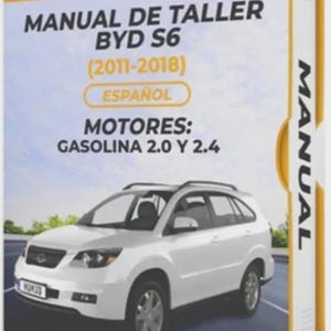 May include: A manual for the BYD S6 (2011-2018) in Spanish, featuring a white SUV on the cover. The manual's title is in bold black letters against a yellow background, with the word "MANUAL" on the spine.