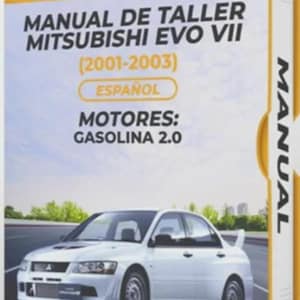 May include: A manual titled "MITSUBISHI MANUAL DE TALLER MITSUBISHI EVO VII (2001-2003)" in Spanish. The cover features a white Mitsubishi car and text indicating gasoline 2.0 engines. The book has a yellow spine with the word "MANUAL".
