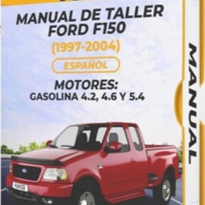 Può includere: Un pick-up Ford F150 rosso è raffigurato sulla copertina di un manuale. La copertina riporta "FORD" e "MANUAL DE TALLER FORD F150 (1997-2004) ESPAÑOL". Il manuale specifica motori a benzina 4.2, 4.6 e 5.4.