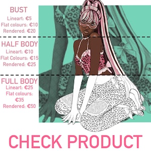 May include: An illustration of a person in a pink and leopard print outfit, with long pink and white hair, and glasses. The image includes text with pricing for bust, half body, and full body line art and rendering options. The text at the bottom says "CHECK PRODUCT DESCRIPTION!"