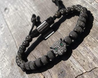 Verstellbare Perlen Leopard Armband, Edelstahl Handgelenk Schmuck, Geschenk für Männer