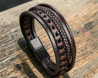 Mehrlagiges geflochtenes Lederarmband für Herren, schwarzes Armband mit Magnetverschluss
