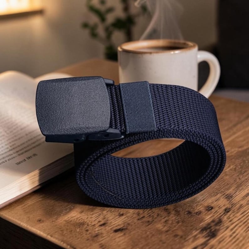 May include: A navy blue webbed belt featuring a matching navy blue rectangular buckle with a smooth, matte finish. The belt is constructed from a durable, woven nylon-like fabric and includes a coordinating fabric loop to secure the strap end.