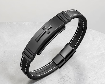 Kreuz Lederarmband, Edelstahlarmband, christliches Geschenk für Männer