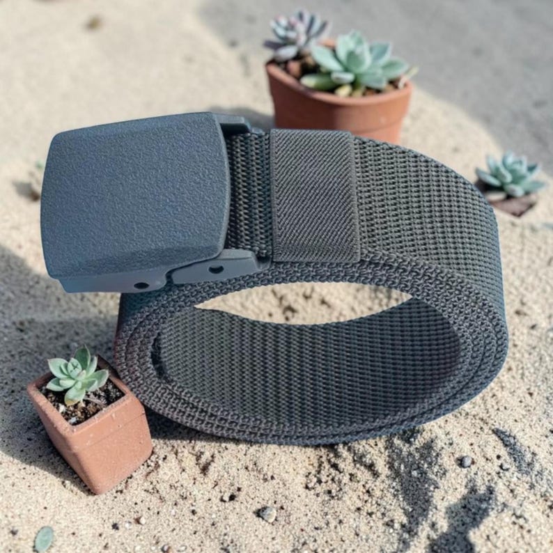 May include: A dark gray webbed belt featuring a matching textured plastic buckle and a single fabric loop. The belt is coiled into a circular shape, showcasing the durable woven material and the solid, matte finish of the buckle hardware.