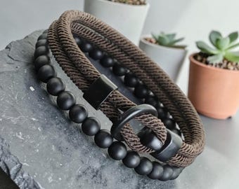 Men’s Rope Bracelet Set, Black Beaded, Nautical Style Bracelet, Minimalist Jewelry Gift for Him