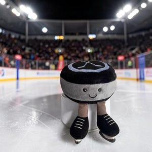 May include: A plush hockey puck toy with a smiling face, brown legs, and black skates. The puck is black and gray with a white design. The toy is on the ice in an arena with spectators in the background.