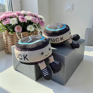 May include: Two plush hockey puck toys with smiling faces and the word "PUCK" printed on the side. The pucks have black and blue detailing and attached legs. They are sitting on a gray box near a basket of pink and white flowers.