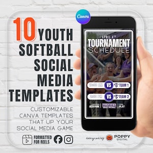 Könnte beinhalten: Eine digitale Anzeige von 10 Social-Media-Vorlagen für Jugend-Softball mit einem Smartphone-Bildschirm, der einen Turnierplan für den 4. April mit Team-Paarungen, Uhrzeiten und Standortdetails zeigt. Die Grafik enthält Text und Social-Media-Symbole.