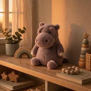 Puede incluir: Un peluche de hipopótamo lavanda con detalles blancos está colocado en una estantería de madera. Un arcoíris de madera, una pila de anillos de madera y una pequeña planta en una maceta azul también están en la estantería. La escena está bañada por una cálida luz natural.