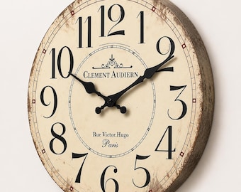 French Vintage Style Wooden Silent Non-Ticking Quartz Clock, Rustic Round Wall Decor