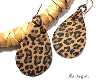 Leopard print Leather earrings, Leather crystal earrings, Lightweight earrings, Leather Teardrop Dangle earrings , Brown Leather, Jewelry