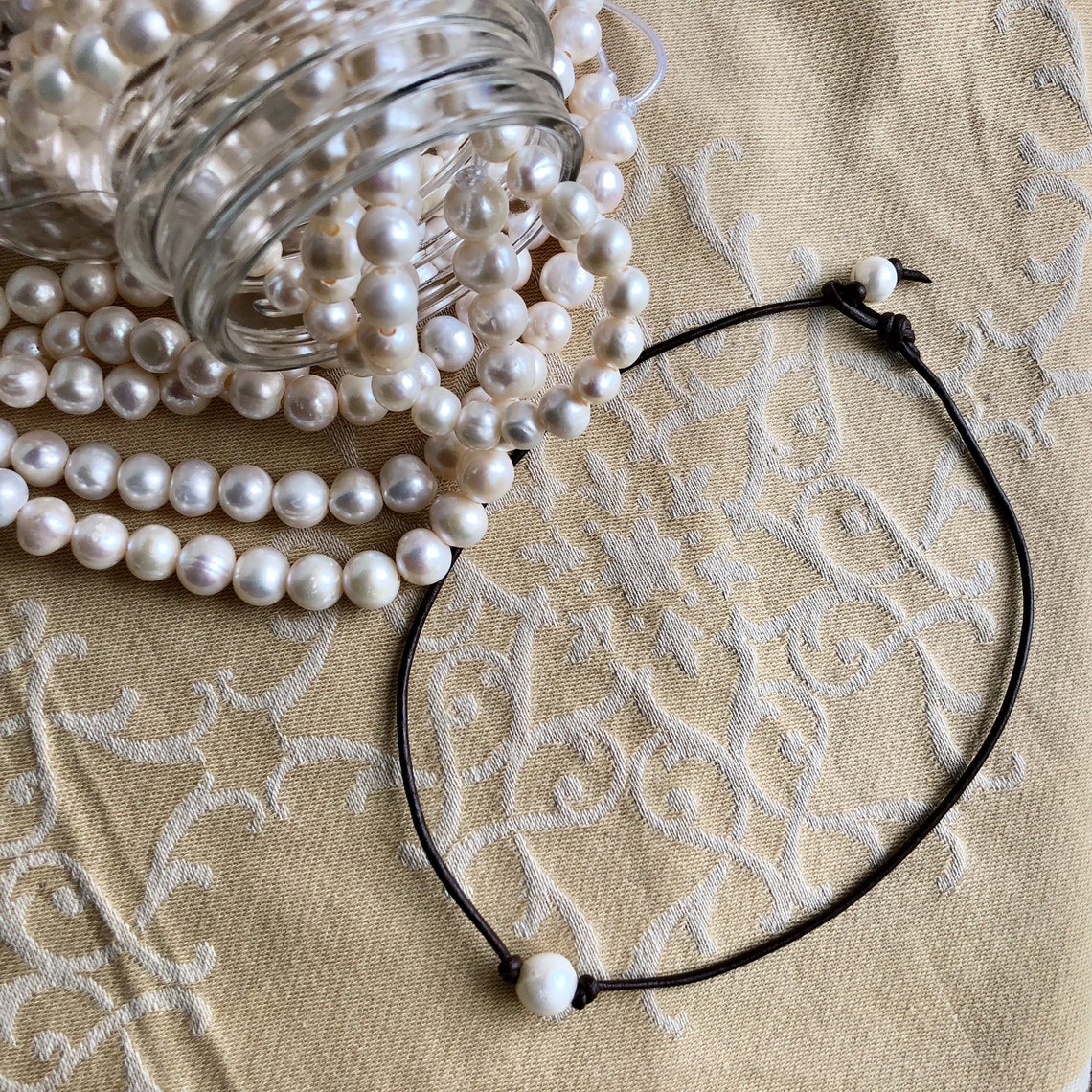 Genuine Leather & White Pearl Choker Necklace - Black, Boho Retro Style