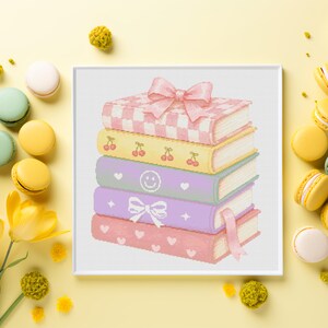 Pastel Book Stack Cross Stitch Pattern, Coquette Bow Embroidery (PDF Download)