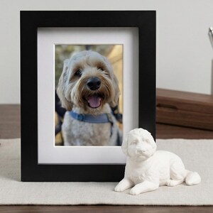 May include: A black framed photo of a smiling dog with a white mat. A small white dog figurine is in front of the frame. A succulent plant in a white pot, a brown leather journal, and a pen holder are also on the table.
