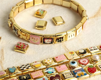 Custom Italian Charm Links for Bracelet, Gold Glitter Letter Charms, Mix and Match Y2K Charm Bracelet, Personalized Gift for Her