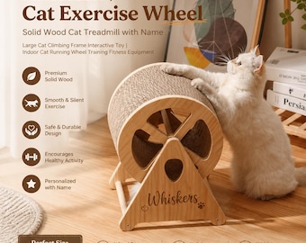 Ruota per esercizi/tapis roulant interattivo per gatti in legno massello, personalizzabile.