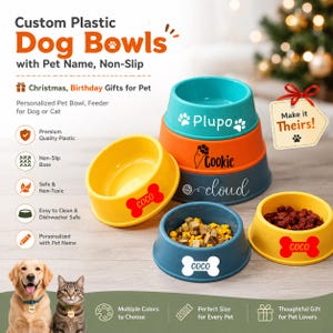 Puede incluir: Cuencos de plástico personalizados para perros en varios colores, con el nombre de la mascota. Los cuencos son antideslizantes, seguros y fáciles de limpiar. La imagen muestra cuencos con los nombres "Plupo", "Cookie" y "cloud". Un regalo atento para los amantes de las mascotas.