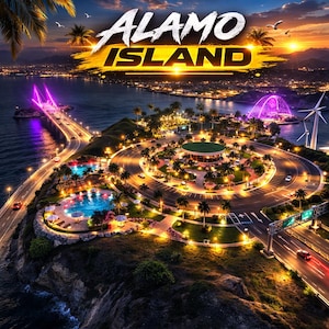 Puede incluir: Vista aérea de Alamo Island al anochecer. La imagen presenta un puente con luces moradas, una carretera circular con palmeras, una piscina y un edificio. Las palabras "Alamo Island" se muestran en una fuente estilizada.