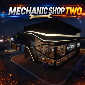 Puede incluir: Una tienda iluminada con el texto "MECHANIC SHOP TWO" y un gráfico de llave inglesa. El edificio tiene grandes ventanales y un diseño moderno. El letrero dice "AUTO TUNE-UP REPAIR". La escena está ambientada de noche.