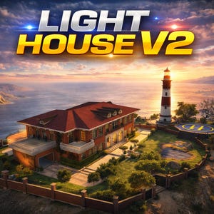 May include: A digital illustration of a large red brick house with a red roof, a lighthouse, and the text "LIGHT HOUSE V2" against a sunset sky. The lighthouse is red and white striped. A helipad is visible.