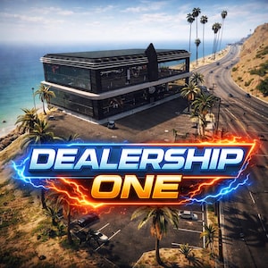 Puede incluir: Imagen de un edificio moderno de dos pisos con paredes de vidrio, etiquetado como "DEALERSHIP ONE" en un logotipo estilizado con efectos de relámpagos azules y naranjas. Se ven palmeras y una carretera costera en el fondo.