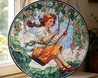 Vintage Swing Girl Stained Glass Suncatcher, Round Glass Window Hanging, Floral Sun Catcher Decor, Handmade Ornament Gift for Her
