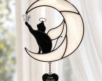 Personalized Cat Memorial Suncatcher, Stained Glass Cat on Moon, Cat Loss Gift with Engraved Name