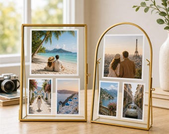 Custom 3 Photo Travel Memory Glass Frame, Personalized Vacation Photo Collage, Gold Floating Frame, Couple Trip Gift