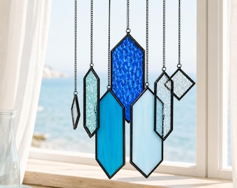 Geometric Stained Glass Suncatcher, Colorful Glass Wind Chime, Coastal Window Hanging Decor, Beach House Gift for Her