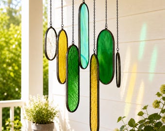 Stained Glass Wind Chime Suncatcher, Yellow Green Geometric Glass Window Hanging, Coastal Porch Patio Decor Gift