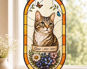 Custom Cat Memorial Suncatcher, Personalized Cat Portrait Stained Glass From Photo, Cat Loss Sympathy Gift, Pet Keepsake