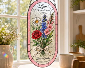Personalized Birth Flower Suncatcher, Family Birth Month Flower Stained Glass Window Hanging, Grandma Mom Garden Gift