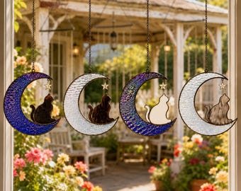 Stained Glass Moon Cat Suncatcher, Cat Memorial Gift, Handmade Glass Window Hanging, Pet Loss Sympathy Gift, Cat Lover Decor