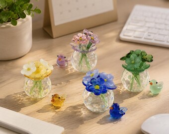 Handmade Glass Flower Bouquet with Bird, Mini Glass Flower Set, Tiny Floral Desk Decor, Birthday Gift for Her, Plant Lover Gift