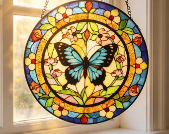 Blue Butterfly Glass Suncatcher, Forget Me Not Floral Memorial Gift, Stained Glass Window Decoration, Butterfly Home Decor