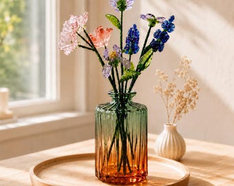Glass Flower Bouquet with Amber Vase, Handmade Glass Birth Month Flower Decor, Forever Flower Table Decor Gift