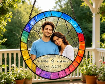 Custom Photo Suncatcher, Personalized Couple Portrait Stained Glass Window Hanging From Photo, Anniversary Wedding Gift