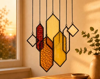Geometric Stained Glass Suncatcher, Colorful Glass Wind Chime, Boho Window Hanging Decor, Warm Housewarming Gift