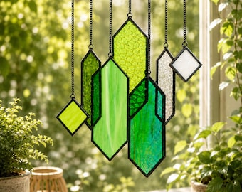 Geometric Stained Glass Suncatcher, Colorful Glass Wind Chime, Garden Patio Window Hanging Decor, Housewarming Gift