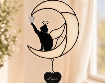 Moon Cat Suncatcher, Stained Glass Cat on Moon Window Hanging, Celestial Cat Lover Gift