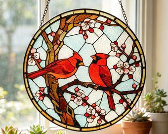 Red Cardinal Stained Glass Suncatcher, Handcrafted Bird Window Decor, Nature Lover Gift, Grandma’s Garden, Window Decor